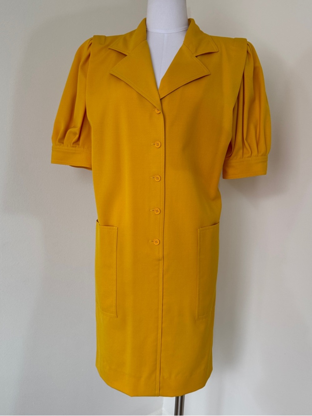 Vintage 80s Ungaro Solo Donna Yellow Wool Blazer Dress Puff Sleeve Italy